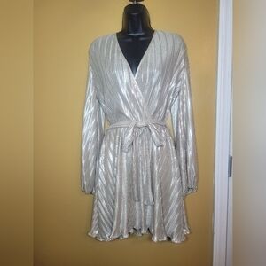 Bardot Revolve Belissa Silver Shine Metallic Pleated Dress Plisse sz 6 / S